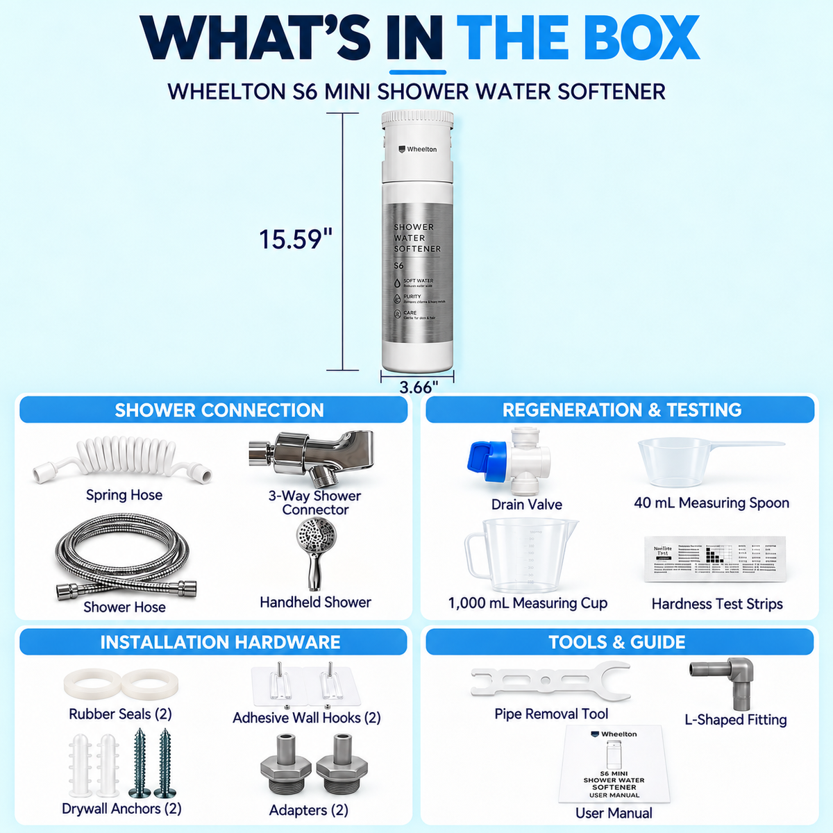 Wheelton S6 Shower Water Softener for Hard Water, Regenerable Shower Filter