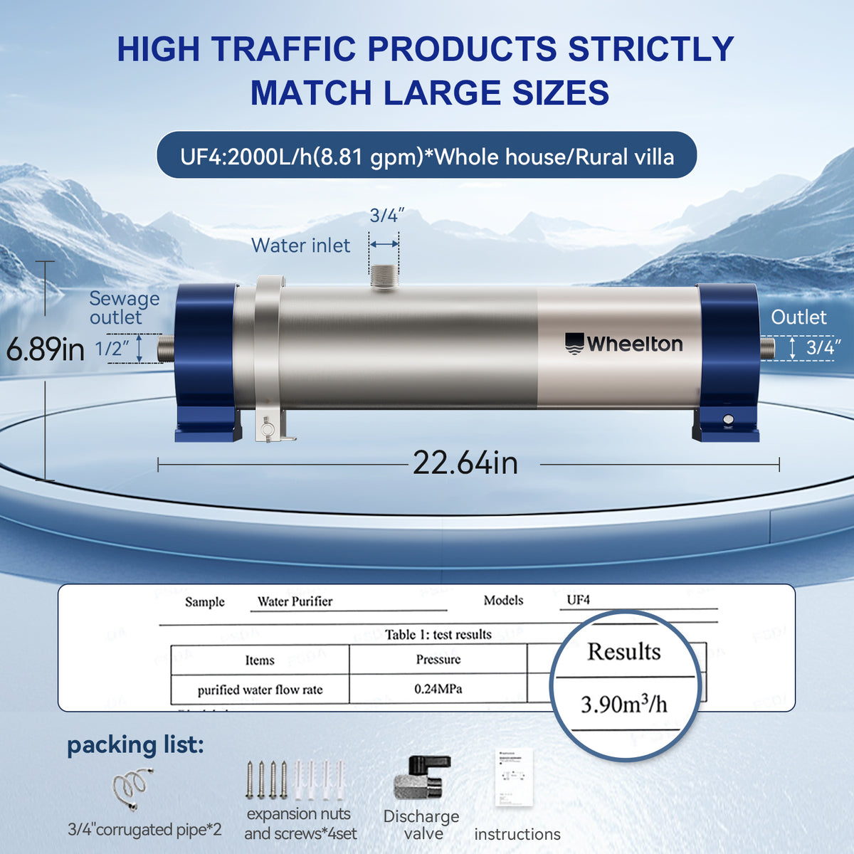 Whole House Ultrafiltration Water Filter System UF4 , 304 Stainless Steel 8.8 GPM, 0.01 micron Pre-filtration Reduce 99.99% Sediment fo well/city/Rain/RV water, Washable 5 year Filter, 53K GL Cpacity