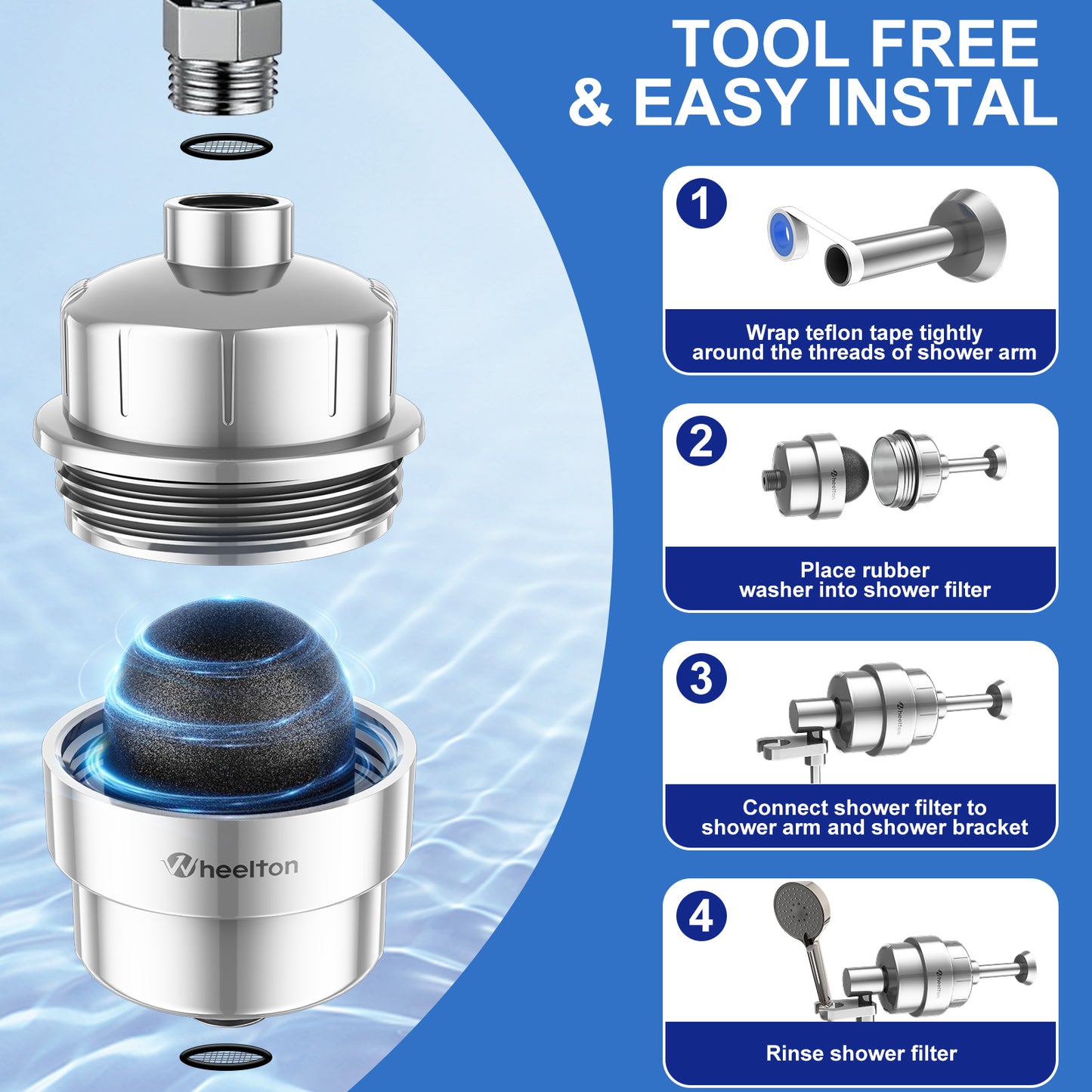 Wheelton High-Flow Chlorine-Free Shower Filter - Soothes Dry Itchy Skin, Reduces Dandruff, Eczema, and Transforms Your Shower Experience -Chrome
