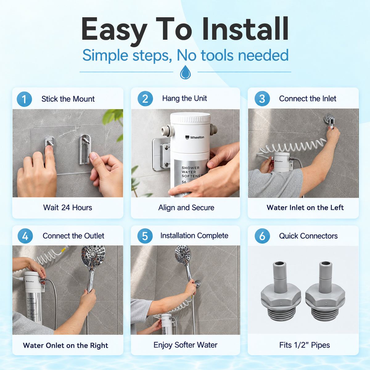 Wheelton S6 Shower Water Softener for Hard Water, Regenerable Shower Filter